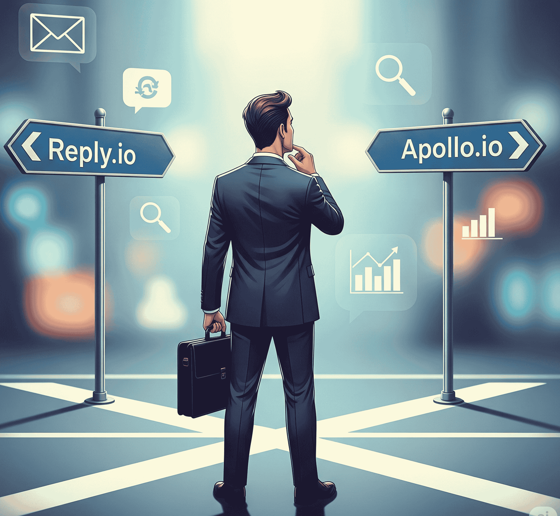 Apollo.io Vs Reply.io human choosing among tools illustration