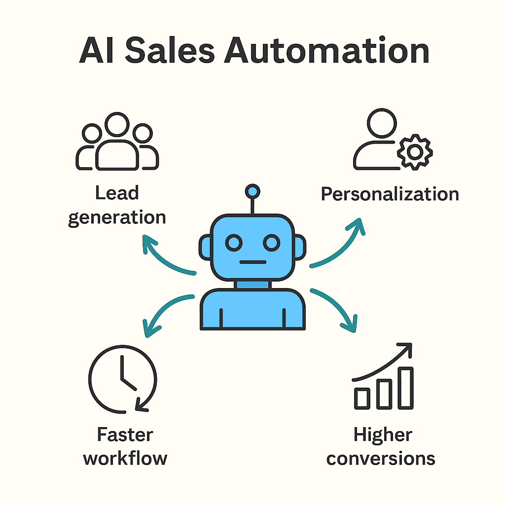 A simple AI sales automation infographic showing a robot icon connected by arrows to lead, email, and CRM icons to illustrate how automation moves data through the sales process