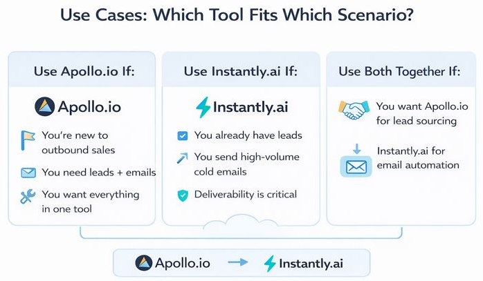 Infographic comparing use cases for Apollo.io, Instantly.ai, and using both tools together for lead generation and email outreach.
