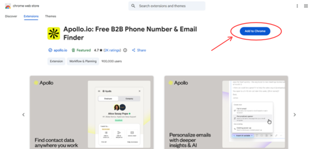 Screenshot of Apollo.io Chrome Extension page in the Chrome Web Store showing the extension name, rating, and Add to Chrome button