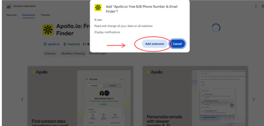 Screenshot of the Chrome browser Add to Chrome confirmation popup for installing the Apollo.io Chrome Extension