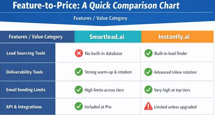 Feature-to-price comparison chart showing Smartlead.ai vs Instantly.ai. The chart compares lead sourcing tools, email deliverability features, sending limits, and API integrations to help users choose the most cost-effective cold email tool.