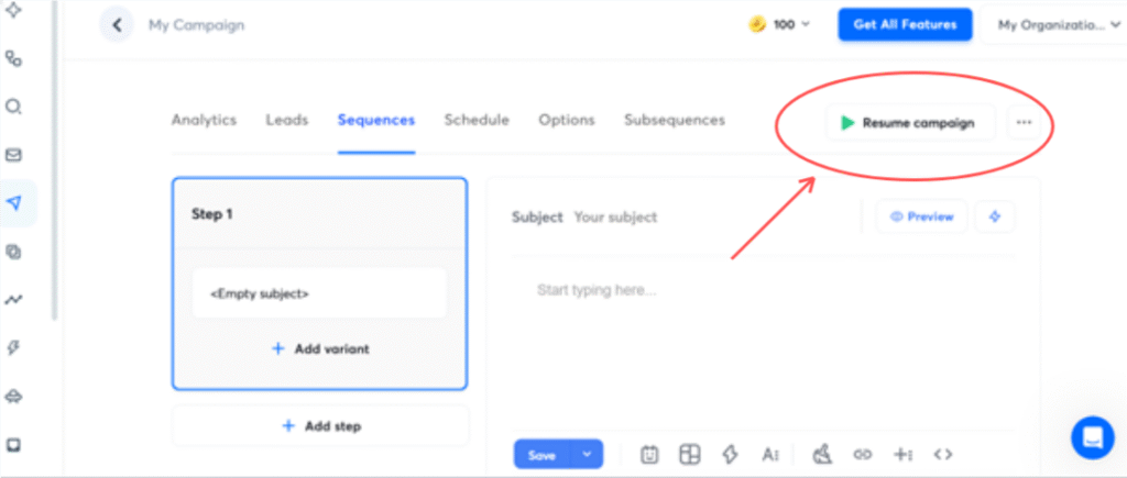 Screenshot of Instantly.ai dashboard showing: Campaign setup
