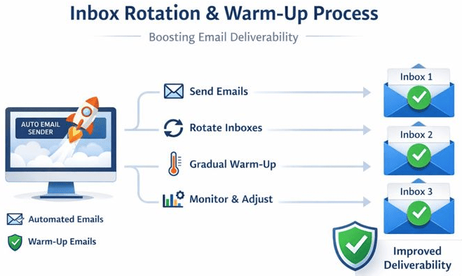 Diagram showing Instantly.ai inbox rotation and warm-up process, illustrating email sending automation, rotating multiple inboxes, gradual warm-up, and improved email deliverability.