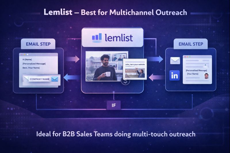 Visual diagram showing Lemlist’s multichannel outreach workflow combining personalized email steps and LinkedIn actions, designed for B2B sales teams running multi-touch campaigns.