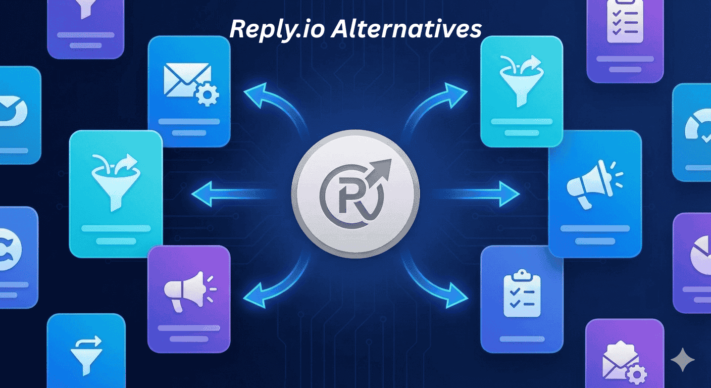 Reply.io illustration of Blue SaaS illustration comparing a central communication tool with multiple software alternative app cards.