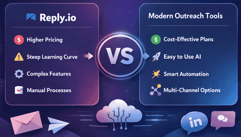 Comparison visual showing Reply.io versus modern outreach tools, highlighting differences in pricing, learning curve, automation, and multi-channel outreach capabilities.