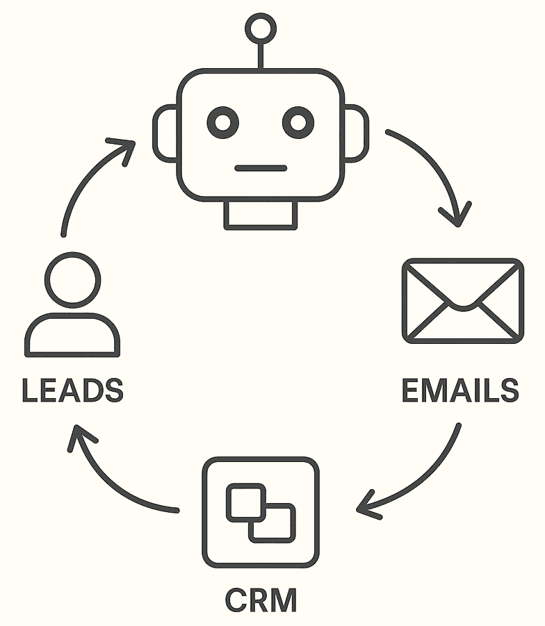 Simple infographic showing an AI robot icon connected with arrows to leads, emails, and CRM to illustrate how AI automates sales processes.