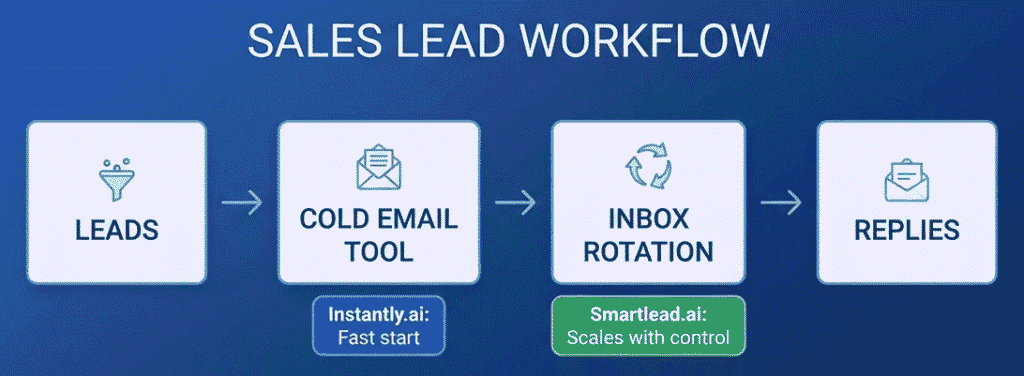 Comparison of Instantly.ai vs. Smartlead.ai sales lead workflow on a minimal SaaS interface.