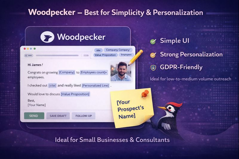 Infographic showing Woodpecker as a simple and personalized cold email outreach tool, highlighting its clean interface, strong personalization, GDPR compliance, and suitability for small businesses and consultants.