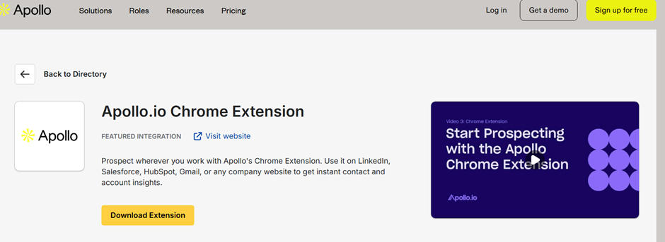 Apollo.io Chrome Extention Page