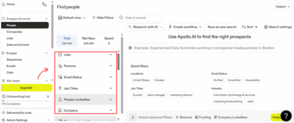 Apollo.io dashboard highlighting Search, Filters, and Lists