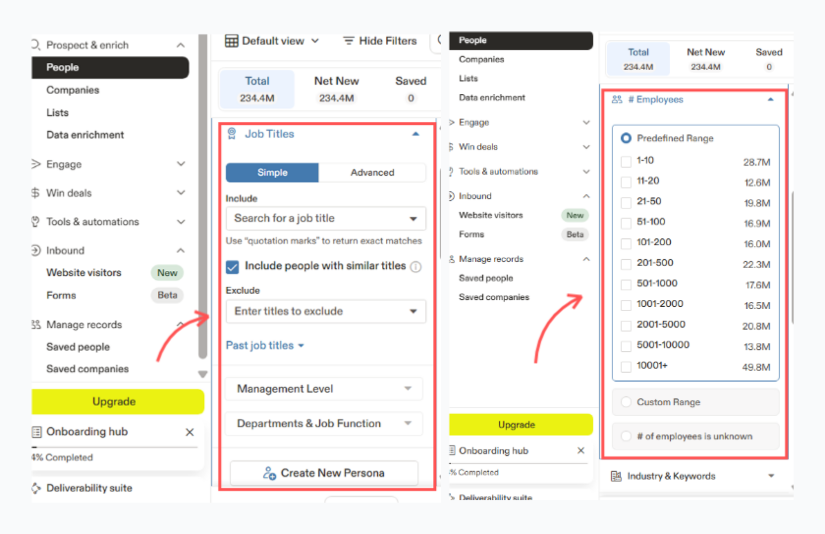 Apollo dashboard annotated screenshots of Filtered search example showing job title + company size

