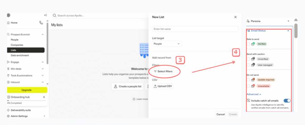 Apollo UI  of select filter to choosing the email verification status in 2 steps of annotated screenshots