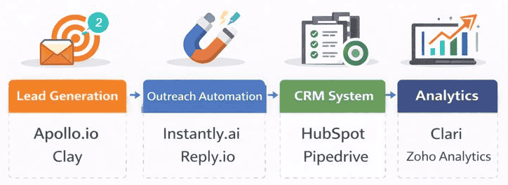 Beginner AI sales tool stack diagram showing lead generation, outreach automation, CRM system, and analytics stages with example tools like Apollo.io, Instantly.ai, HubSpot, and Clari.