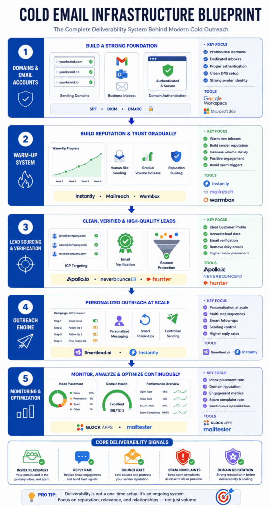 Professional infographic showing a complete cold email infrastructure blueprint including domains, inbox setup, warm-up systems, lead verification, outreach tools, deliverability monitoring, and key inbox placement metrics.

Visual workflow diagram explaining how modern cold email systems improve deliverability, sender reputation, inbox placement, and outreach performance using tools like Apollo.io, Instantly, Smartlead, NeverBounce, and GlockApps.