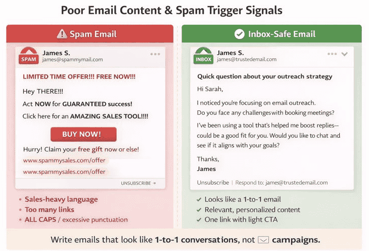 Comparison infographic showing a spam email versus an inbox-safe email, highlighting spam triggers like sales-heavy language, excessive punctuation, and multiple links compared with personalized, conversational email content that improves deliverability.