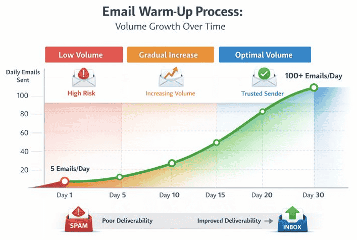 Email warm-up volume growth chart showing daily email sends increasing from 5 on Day 1 to 100+ by Day 30, illustrating improved deliverability and inbox placement over time.