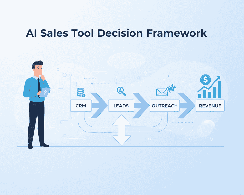 AI Sales Tool Decision Framework showing a path from CRM and leads to outreach and revenue.