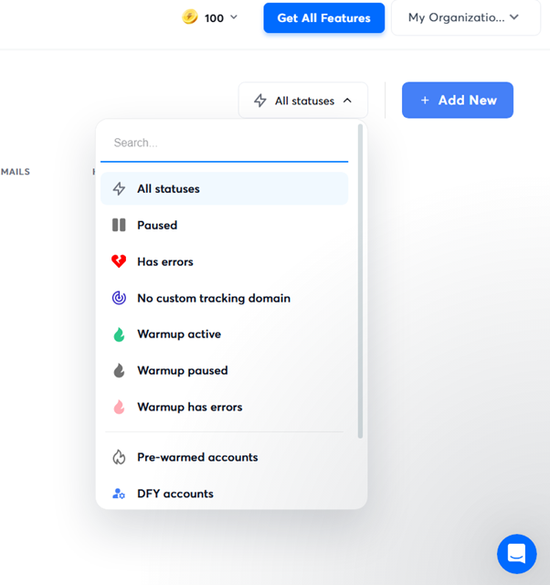 Instantly Dashboard for Email Warmup Options