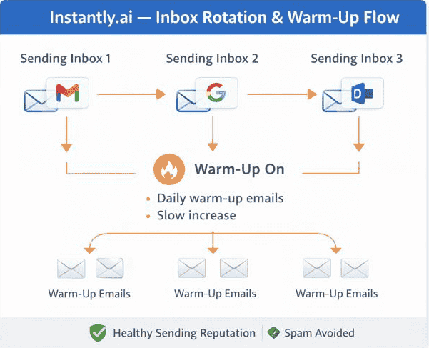 Instantly.ai inbox rotation and warm-up flow diagram showing multiple sending inboxes, warm-up emails, gradual sending increase, and protection against spam