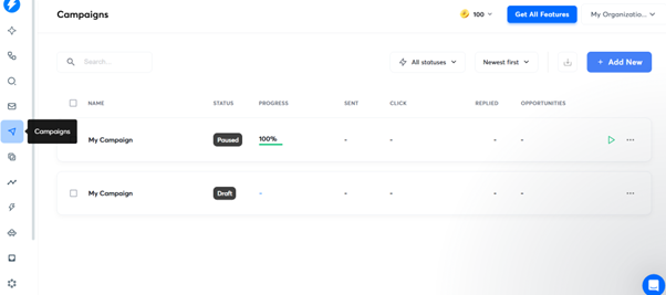 Instantly dashboard of campaign settings