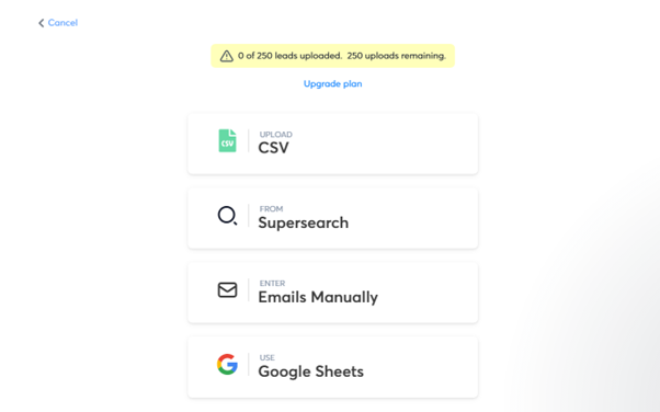 Instantly Dashboard for Importing leads as csv, supersearch, email manually or google sheets options