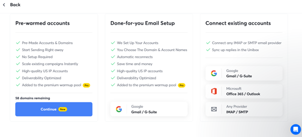 Instantly UI dashboard of connecting existing accounts of gmail, Outlook & any provider