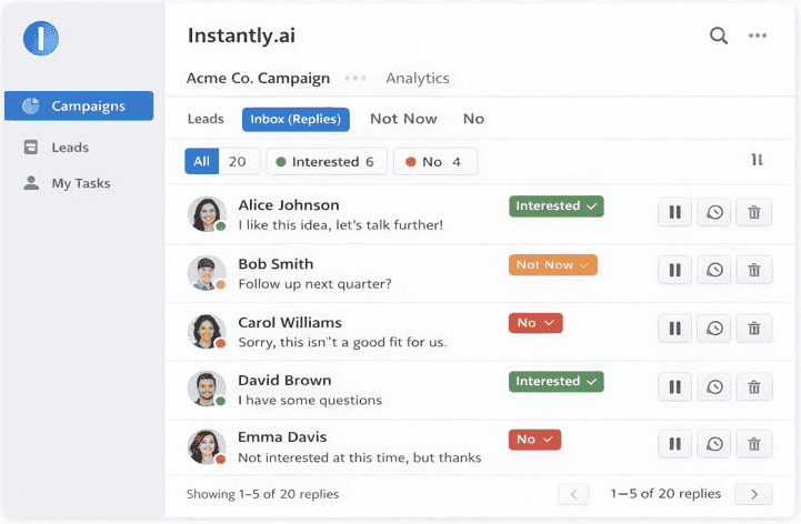 Instantly.ai reply inbox mockup showing campaign responses labeled as Interested, Not Now, and No, with options to pause leads and manage replies in a cold email campaign
