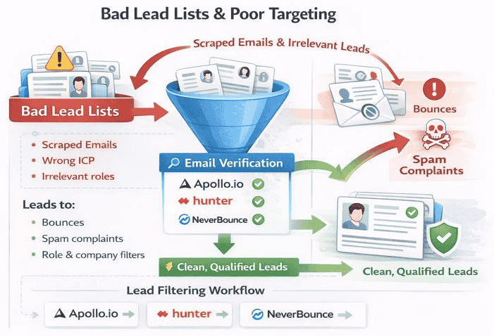 Lead filtering workflow diagram showing how bad lead lists (scraped emails, wrong ICP, irrelevant roles) lead to bounces and spam complaints, and how tools like Apollo.io, Hunter.io, and NeverBounce clean and qualify leads through email verification and targeting filters.