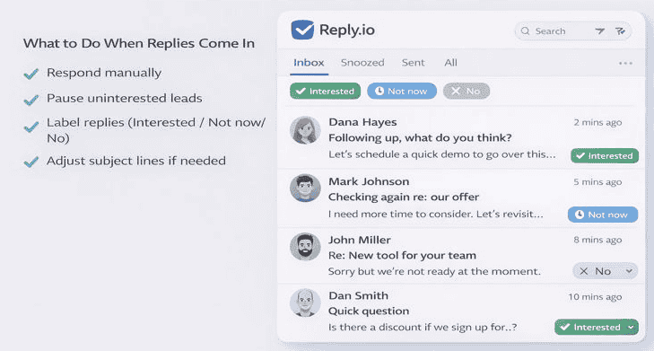 Reply.io inbox mockup showing how to manage cold email replies with labels like Interested, Not now, and No, demonstrating manual response handling and campaign optimization.