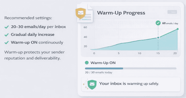Email warm-up settings dashboard showing gradual increase in daily emails, warm-up status enabled, and sender reputation protection indicators