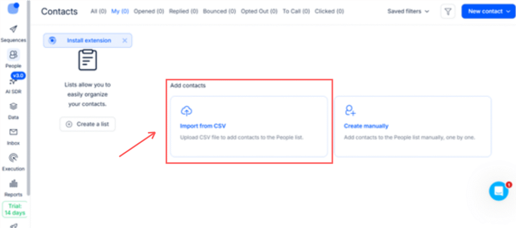 Reply.io UI screenshot of Importing CSV file for data setup