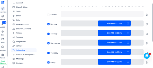 Reply.io UI screenshot for email scheduling & sequencing setup dashboard options