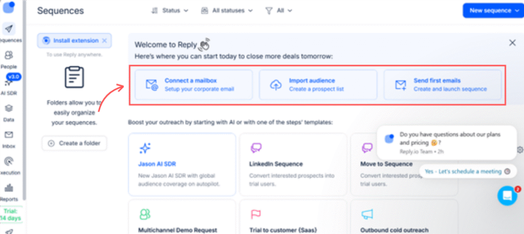Reply.io UI screenshot of email sequence setup for campaigns