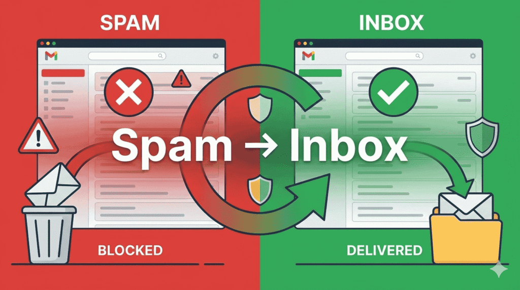 A split-screen illustration showing emails moving from a red spam folder to a green inbox.