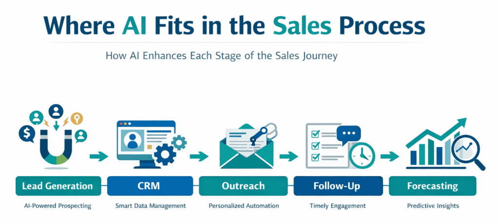 How AI Is Transforming Sales for Small Businesses 1 AI sales workflow infographic for small businesses illustrating automation across lead generation, CRM, outreach, follow-up, and predictive forecasting.