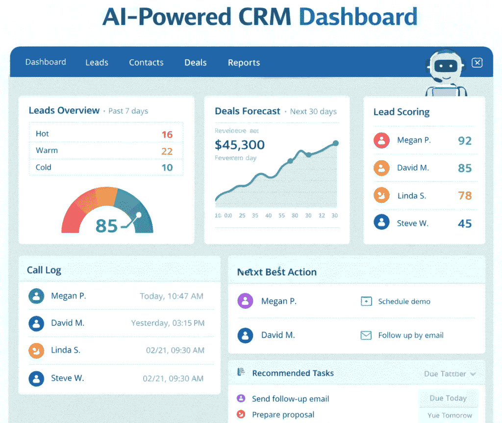 How AI Is Transforming Sales for Small Businesses 2 Mockup of an AI CRM dashboard for small businesses featuring lead scoring metrics, deal forecasting, sales analytics, and automated next-best-action recommendations.