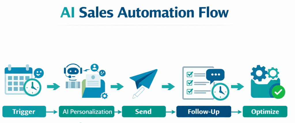 How AI Is Transforming Sales for Small Businesses 3 AI sales automation flow infographic showing trigger, AI personalization, send, follow-up, analyze, and optimize stages in a small business sales process.