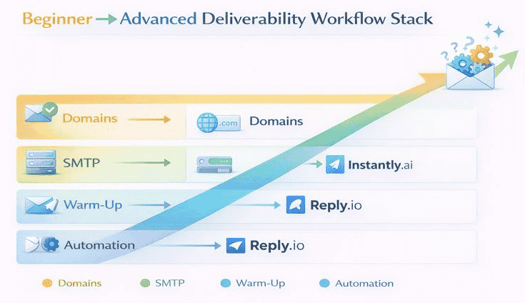 Beginner to advanced email deliverability workflow stack showing stages from Domains → SMTP → Warm-Up → Automation with corresponding tools and progression arrows.