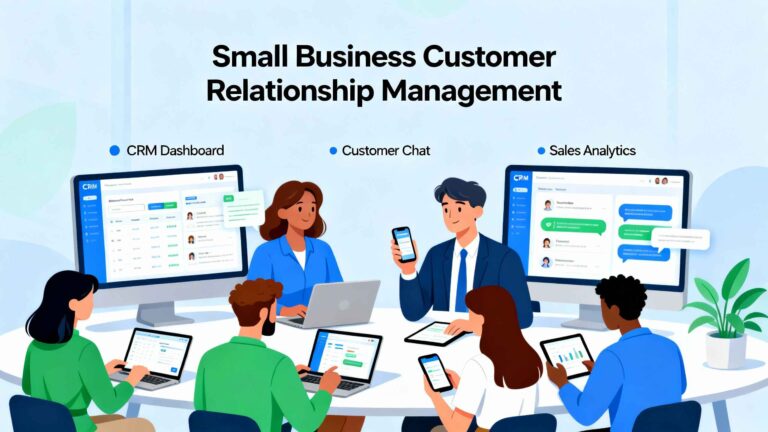 Small business professionals working together in an office using customer relationship management (CRM) software for sales and client tracking.