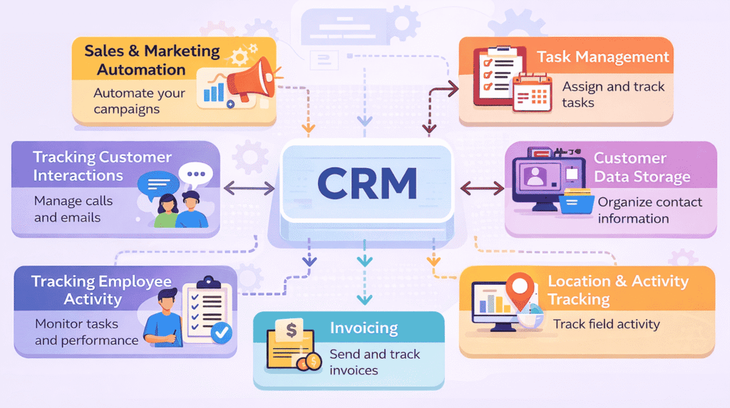 HubSpot CRM Beginner Guide — How to Get Started & Grow Your Small Business 3 CRM ecosystem infographic showing how customer relationship management connects sales automation, communication tracking, invoicing, reporting, and customer data into one centralized system.