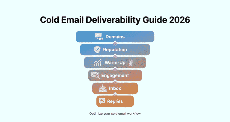 An infographic funnel diagram titled "Cold Email Deliverability Guide 2026" that illustrates the stages of Domains, Reputation, Warm-Up, Engagement, Inbox, and Replies, with the subtitle "Optimize your cold email workflow."
