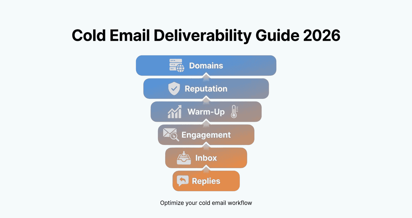 An infographic funnel diagram titled "Cold Email Deliverability Guide 2026" that illustrates the stages of Domains, Reputation, Warm-Up, Engagement, Inbox, and Replies, with the subtitle "Optimize your cold email workflow."