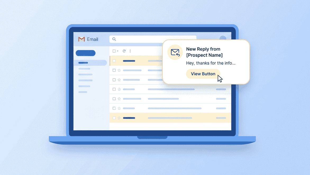 Cold Email Personalization Examples That Get Replies (With Templates & AI Prompts) 5 A modern flat illustration of a laptop inbox featuring a "New Reply" notification popup against a clean, soft blue gradient background.