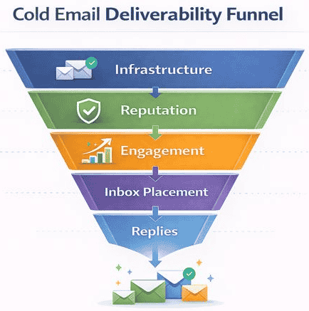 Cold email deliverability funnel showing infrastructure, reputation, engagement, inbox placement, and replies in a step-by-step visual flow.