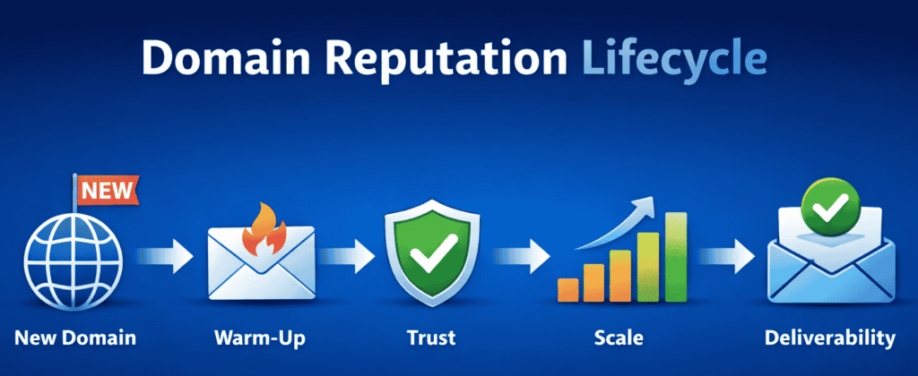 Domain reputation lifecycle diagram showing New Domain → Warm-Up → Trust → Scale → Deliverability for email sending success.
