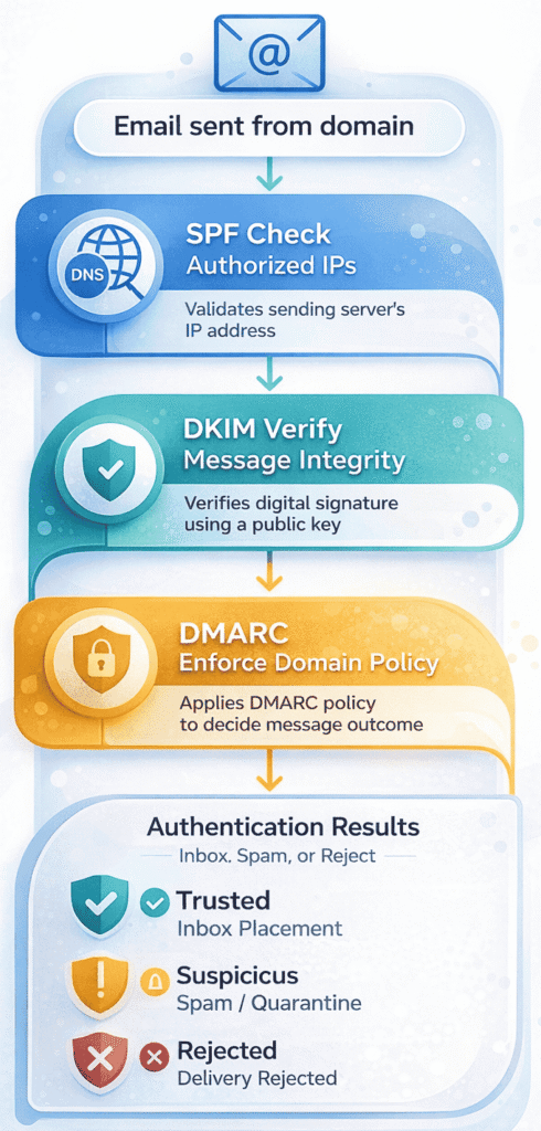Flowchart of SPF, DKIM, and DMARC working together to authenticate emails and decide delivery outcome.