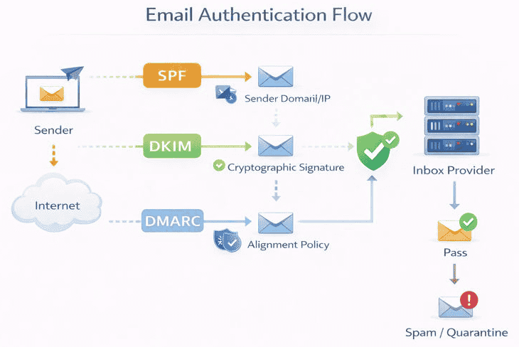 Email authentication flow diagram showing how SPF, DKIM, and DMARC verify sender identity, validate message integrity, and determine whether emails reach the inbox or go to spam.