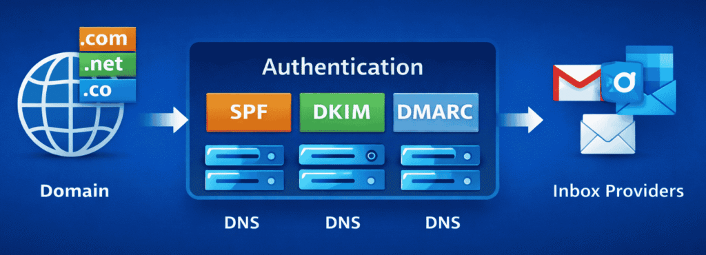 SPF, DKIM, and DMARC email authentication flowchart showing domain → DNS → authentication → inbox providers for deliverability.